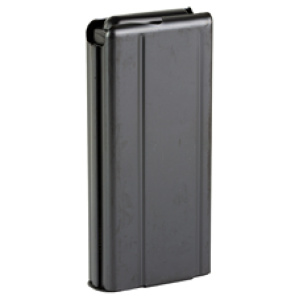 Black metal ammunition magazine standing upright