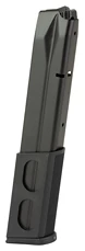 Black firearm magazine isolated on white background.