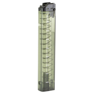 Transparent airsoft magazine with visible spring mechanism.