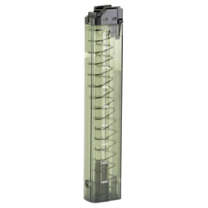 Transparent airsoft magazine with visible spring mechanism.