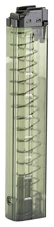 Transparent airsoft magazine with visible spring mechanism.