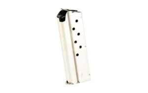 Silver handgun magazine on white background