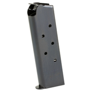 Black steel pistol magazine against white background.