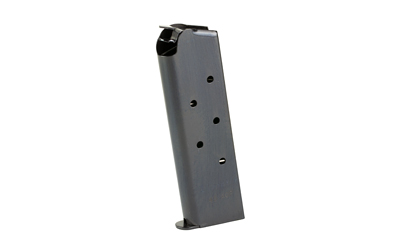 Black steel pistol magazine against white background.