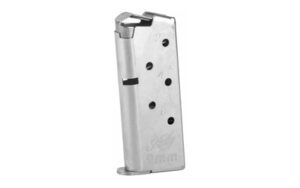 Stainless steel pistol magazine on white background