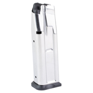 Silver firearm magazine standing upright