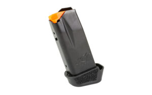 Handgun magazine with orange follower and baseplate