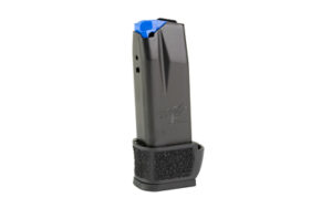 Black pistol magazine with extended base plate