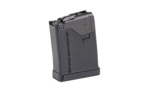 Black detachable rifle magazine on white background