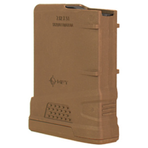 Tan polymer rifle magazine, standing upright