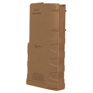 Brown plastic rifle magazine, side view.