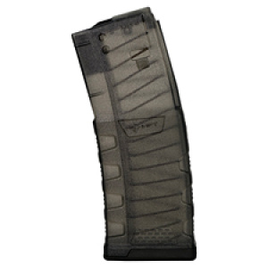 Black firearm magazine on white background