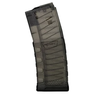 Black firearm magazine on white background
