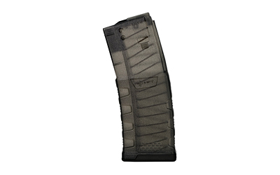Black firearm magazine on white background