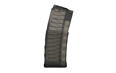 Black firearm magazine on white background