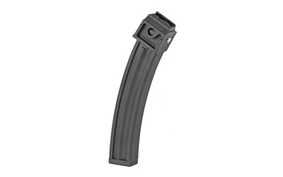 Black curved rifle magazine on white background.