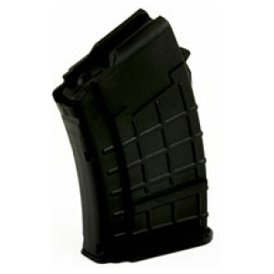 Black firearm magazine isolated on white background.