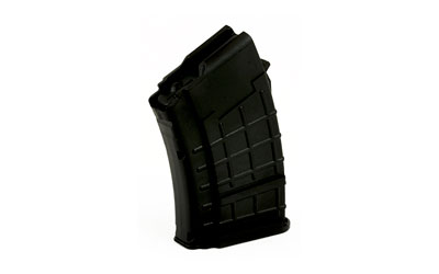 Black firearm magazine isolated on white background.