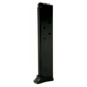 Black firearm magazine standing upright isolated.