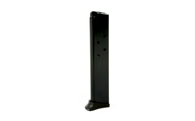 Black firearm magazine standing upright isolated.