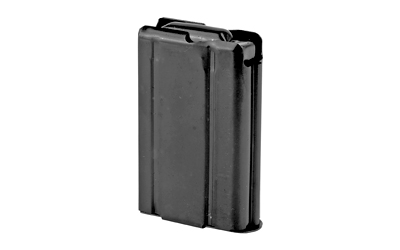 Black metal rifle magazine standing upright.