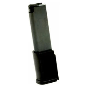 Extended pistol magazine standing upright, isolated white background.
