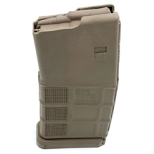 Tan rifle magazine on white background.