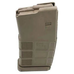 Tan rifle magazine on white background.