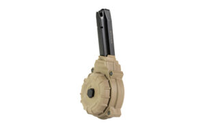 Tan drum magazine with visible rifle rounds