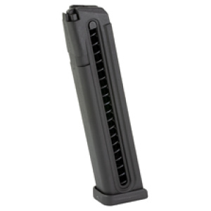 Black firearm magazine standing upright on white background.