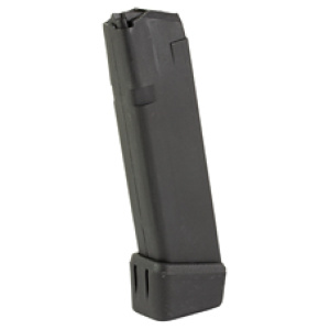 Black handgun magazine with extended grip