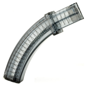 Curved clear plastic gun magazine on white background.