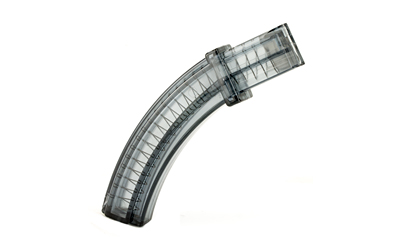 Curved clear plastic gun magazine on white background.