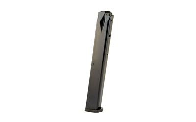 Black metal handgun magazine on white background