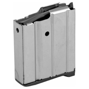 Metal rifle magazine, side view on white background.