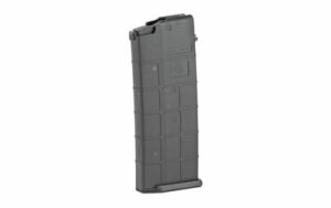Black polymer rifle magazine on white background