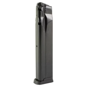 Black firearm magazine standing upright on white background.