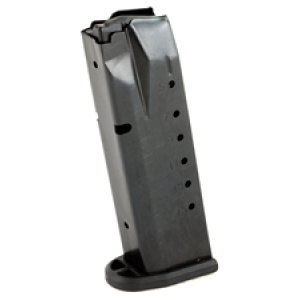 Black firearm magazine standing upright on white background.