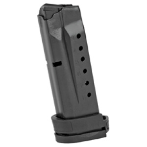 Black pistol magazine with extended baseplate