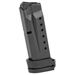 Black pistol magazine with extended baseplate