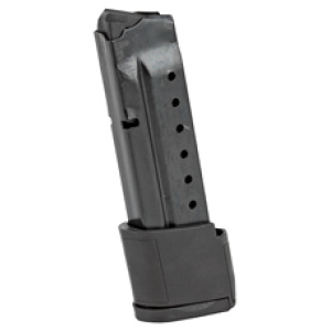 Black gun magazine with extension on white background.