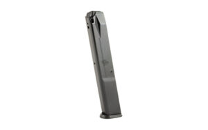 Metal pistol magazine standing upright