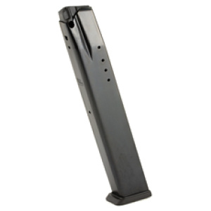 Metal gun magazine standing vertically on white background.