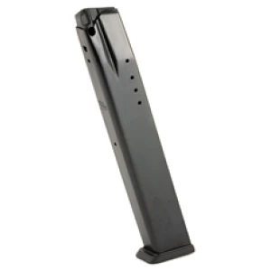 Metal gun magazine standing vertically on white background.