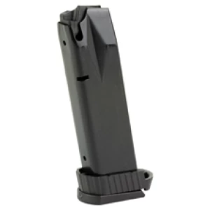 Black firearm magazine on white background