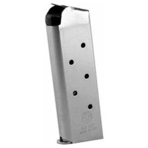 Stainless steel pistol magazine, isolated on white background.