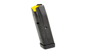 Black handgun magazine with yellow follower.