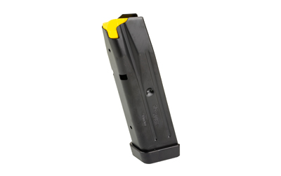 Black handgun magazine with yellow follower.