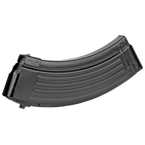 Black metal rifle magazine on white background