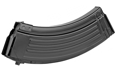 Black metal rifle magazine on white background